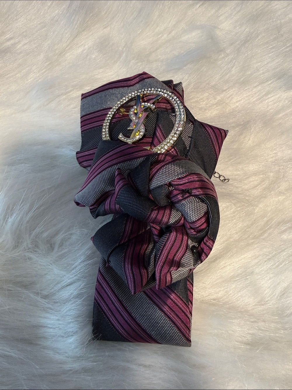 Yves Saint Laurent Purple & Gray Striped Junk Tie with Crystal Logo
